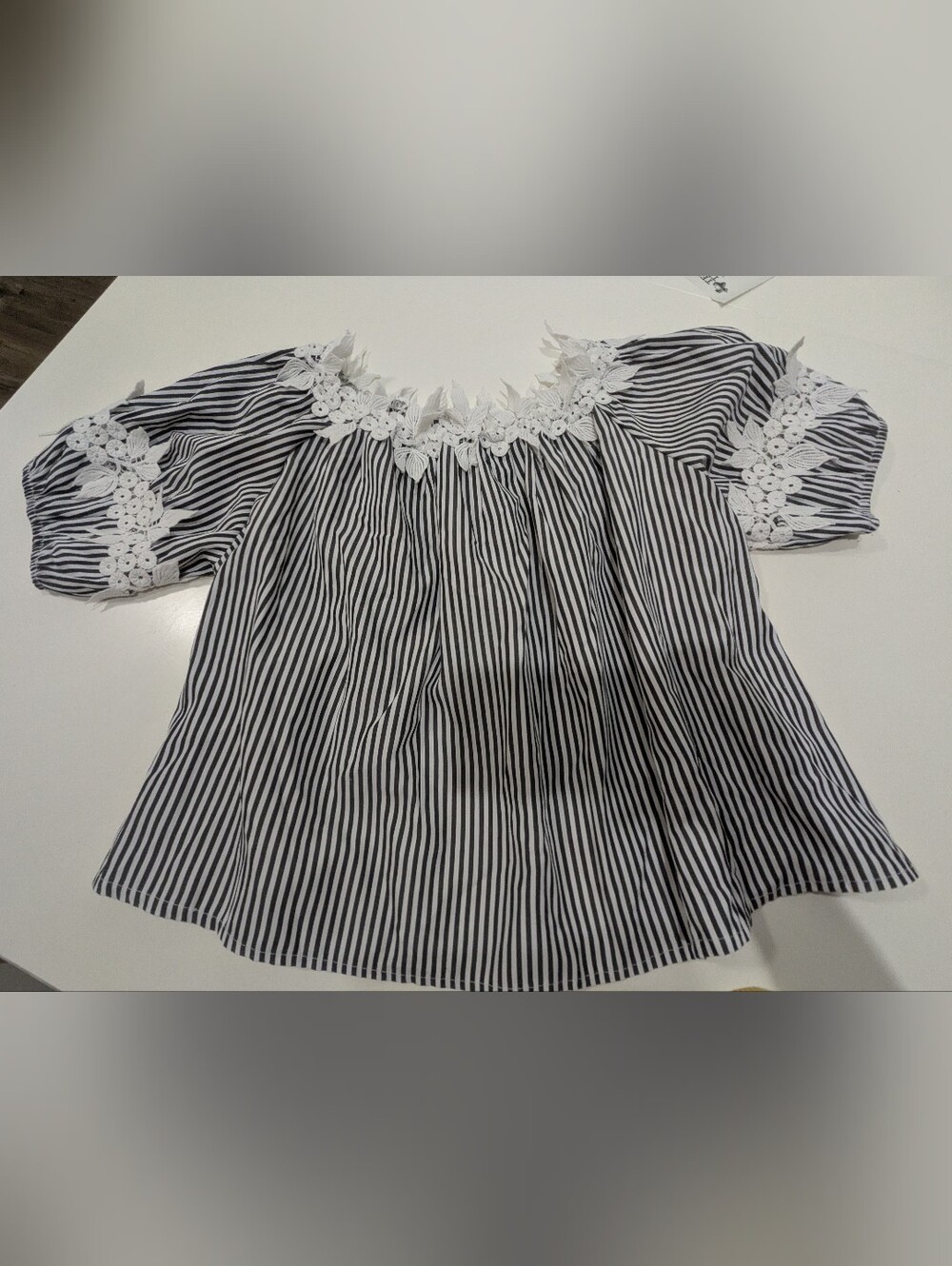 Alythea Black & White Striped Blouse with Floral Lace Yoke